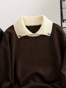Sweater Rajut Kerah Kontras Warna Kopi, Lembut dan Elegan, Serbaguna untuk Beraktivitas Sehari-hari - Coklat - View 3