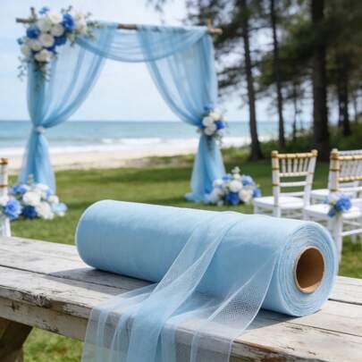 1 Roll Light Blue Tulle Wedding Backdrop Mesh, Transparent Chiffon Texture Curtain/Hanging Decor Fabric, Multiple Lengths Available, Perfect For DIY Wedding Party, Birthday Party, Halloween And Christmas Decoration. Handcrafted Washable Transparent Party Ceremony Backdrop Cloth, Ideal For Valentine's Day And Bridal Gifts, Wedding Decor, Event Decoration. Simple Design, Made Of High-Quality Handcrafted Tulle Material, Suitable For DIY Train Skirt, Gift Bows And Wedding Party Decoration.