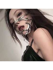 1pc European And American Cyberpunk Metal Mask, Niche Design Asymmetric Fluid Face Shield Face Accessory - Multicolor - View 3