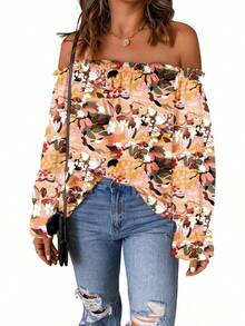 Spriolim - Blusa de gasa de manga larga con volantes y hombros descubiertos para mujer - 28 Estampado floral bohemio - Ver 8