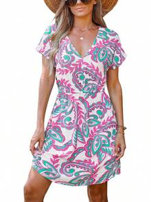 - Vestido corto de playa con cuello en V a rayas y cintura elástica para mujer - Floral Blanco - Ver 9