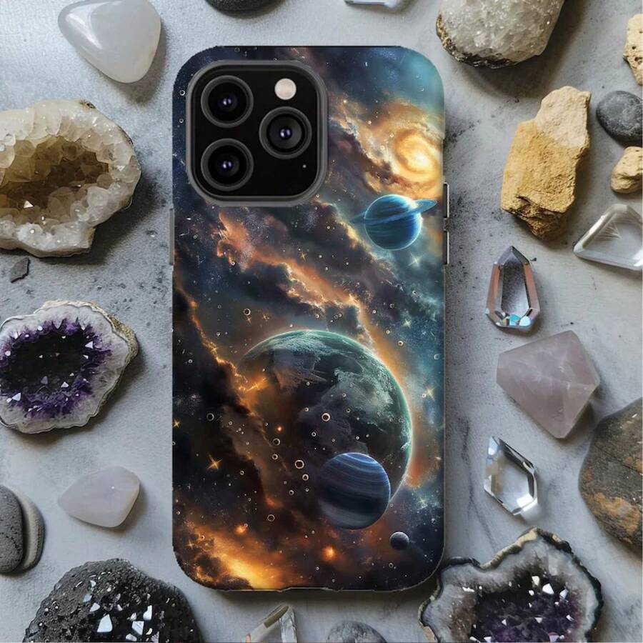 Funda para Teléfono con Diseño de Planetas de Cristal: Diseño Galáctico Metálico para iPhone, HONOR, , OPPO - Multicolor - Ver 1