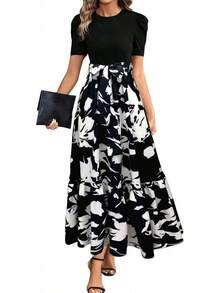 Vestidos Florales Largos para Mujeres 2025 Elegante Boho Bed Work Imperire Cinta Manga Corta Modesta Flujo Maxi Vestido - 2-azul - Ver 1