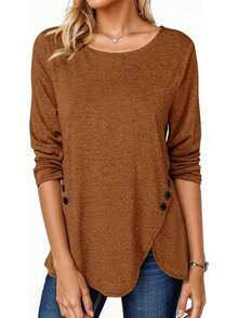 Fisoew - Blusa casual de manga larga para mujer, cuello redondo, botones laterales - Rosa - Ver 12