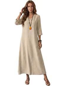 Genérico Vestido Largo de Lino de Algodón para Mujer,Manga 3/4,Vestido de Moda con Cremallera Trasera,Vestidos Largo Casual,para Playa,Invitado - Blanco - Ver 13