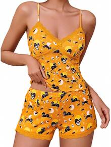 - Conjunto de pijama de punto acanalado suave para mujer, sexy, cuello en V, encaje con ribete de encaje, pantalones cortos con abertura lateral, ropa de dormir - Blanco - Ver 18