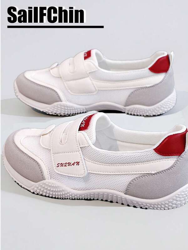 Nuevos zapatos deportivos casuales para mujer, zapatillas con suela gruesa, zapatos para correr, zapatos blancos, punta redonda, con cordones, patchwork de malla y cuero, transpirables, versátiles, corte profundo, estampado de moda y graffiti, estilo universitario, zapatos para estudiantes, zapatos casuales para senderismo al aire libre