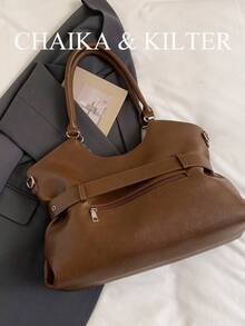 CHAIKA & KILTER 1pc Solid Color PU Fabric Tote Bag, Women's Vintage Fashion Shoulder Tote Bag, Dual Handle Design, Zipper Closure, Strap Decoration, Suitable For Daily And Street Use - Brown - View 10