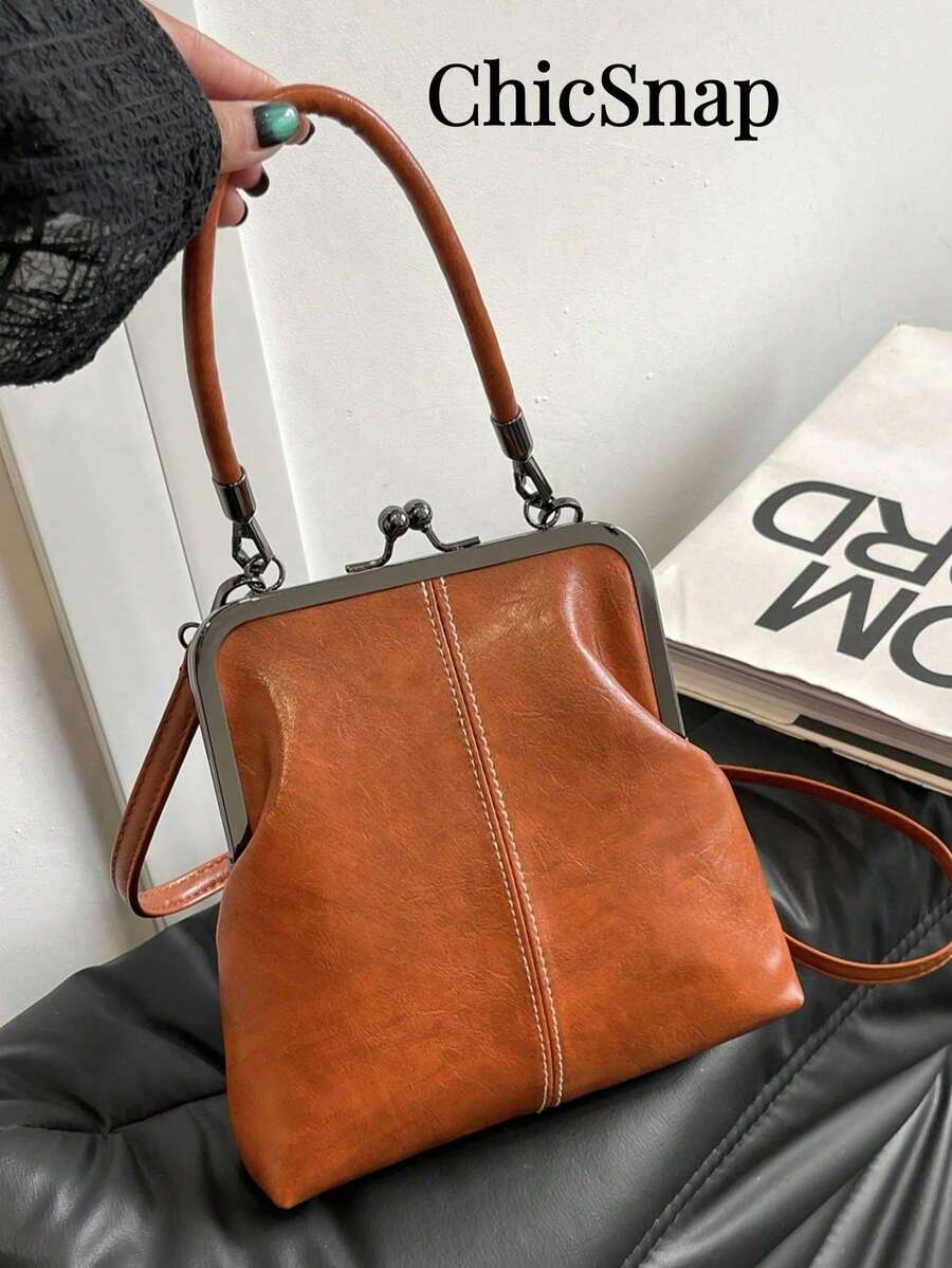 Women's PU Leather Crossbody Bag With Round Polka Dots, Vintage Style Handbag With Buckle Closure And Adjustable Shoulder Strap, Solid Color And Lightweight City Tote Bag - 棕色 - 查看 1