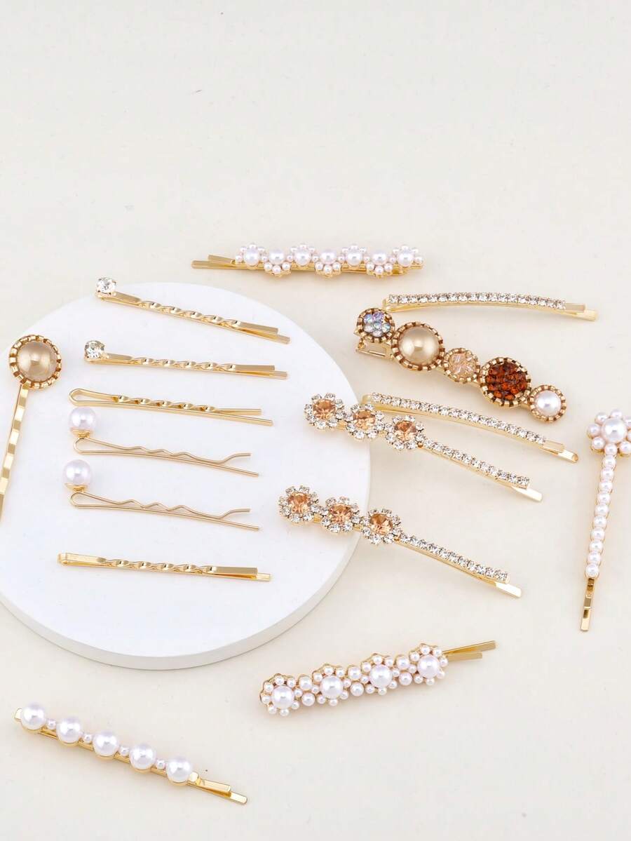 16pcs Vintage Pearl Rhinestone Hair Clips Set Elegant Gold Barrettes Women Daily Wedding Hair Accessories - Multicolor - View 1