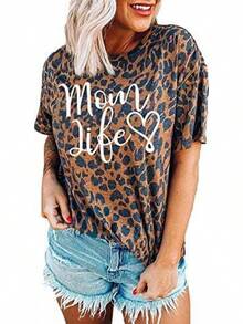 Camiseta de manga corta con estampado de leopardo para mujer, camiseta de mamá con estampado de guepardo. - Negro - Ver 1