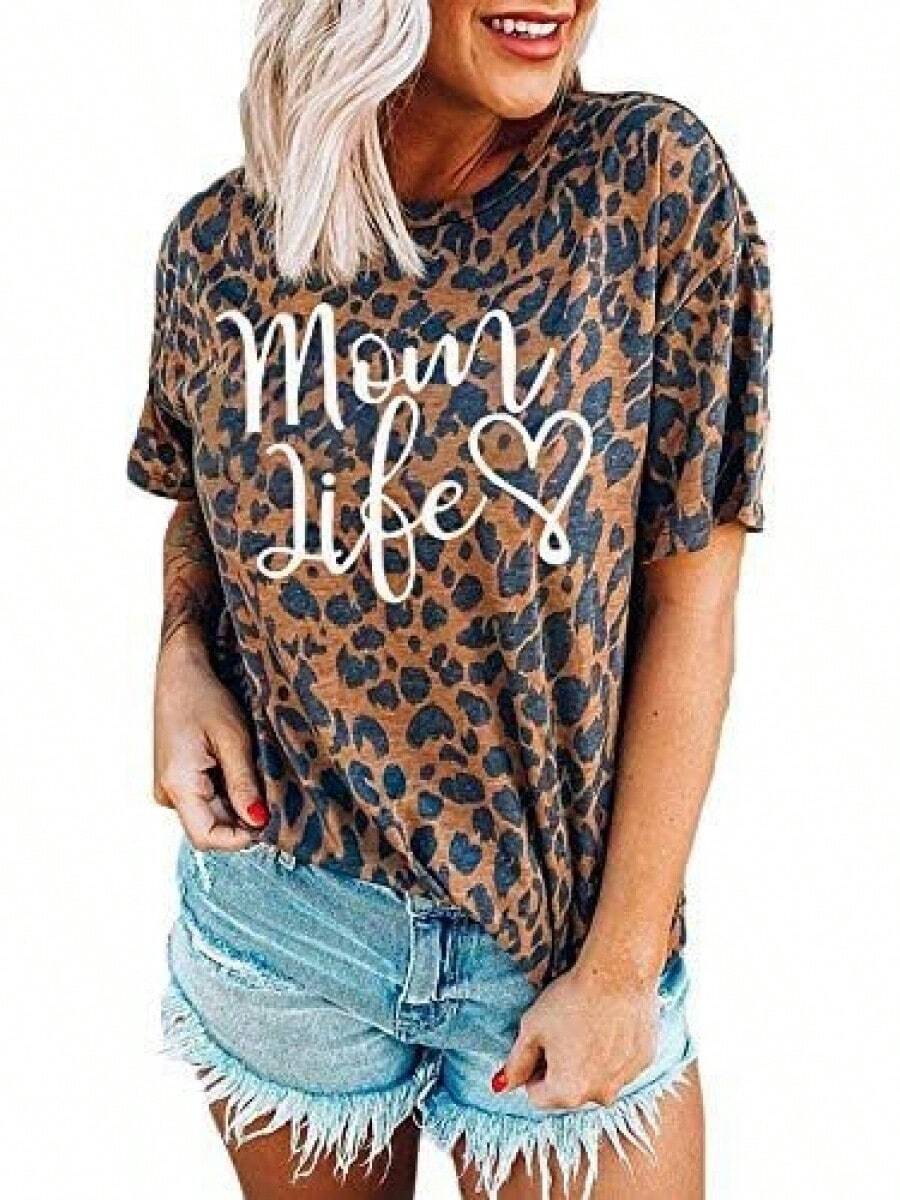 Camiseta de manga corta con estampado de leopardo para mujer, camiseta de mamá con estampado de guepardo. - Negro - Ver 1