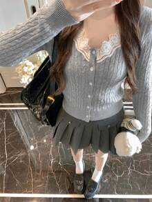 Women's Grey Cable Knit Cardigan, V-Neck Single-Breasted Short Slim Fit Long Sleeve Top, Fluffy Sweater, Korean Style, Ins Style Fall - Grey - View 4