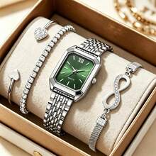 4 pièces/Set Montre classique élégante et minimaliste pour femmes avec bracelet exquis, cadran carré délicat, bracelet réglable, montre à quartz, convient pour un port quotidien, cadeau parfait pour les amies ou la famille - Rose bonbon - Voir 8