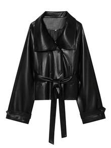 Women's Solid Color PU Leather Long Sleeve Single-Breasted Tie Waist Autumn/Winter Fashion Casual Jacket Fall - Black - View 6