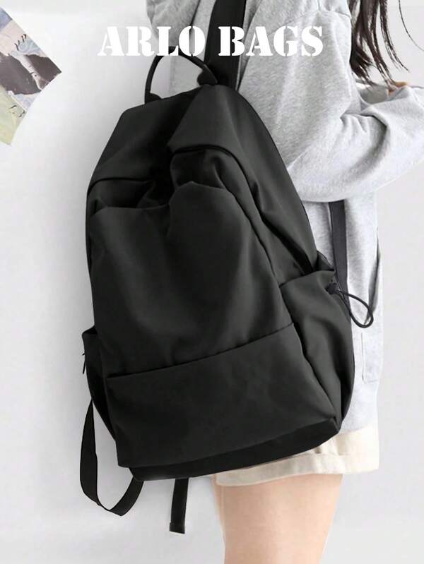 Mochila de nailon arrugado negro puro con cordón, diseño de bolsillos multicapa, bolsa de almacenamiento lateral con cincha, gran capacidad, estilo minimalista casual, adecuada para estudiantes unisex, perfecta para el aprendizaje en el campus, viajes de fin de semana, desplazamientos diarios y paseos de ocio por la ciudad.