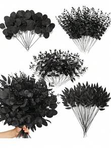 20/4pcs Halloween Black Artificial Branches, Halloween Artificial Pine Tree Flowers, Black Artificial Eucalyptus Branches With Leaves, Halloween Artificial Eucalyptus Flowers, For DIY Vase Bouquet, Gothic Home Style, Room Decor, Autumn Decor - Multicolor - View 1