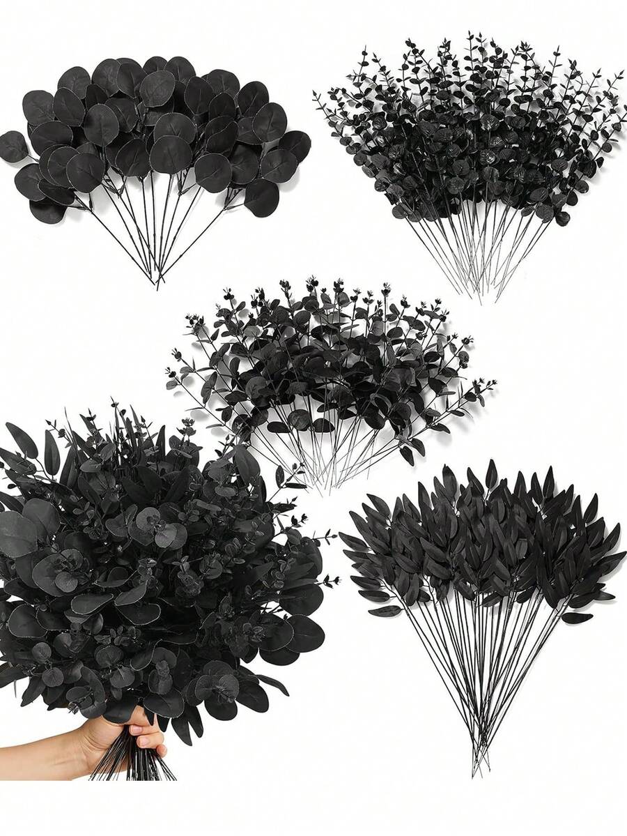 20/4pcs Halloween Black Artificial Branches, Halloween Artificial Pine Tree Flowers, Black Artificial Eucalyptus Branches With Leaves, Halloween Artificial Eucalyptus Flowers, For DIY Vase Bouquet, Gothic Home Style, Room Decor, Autumn Decor - Multicolor - View 1
