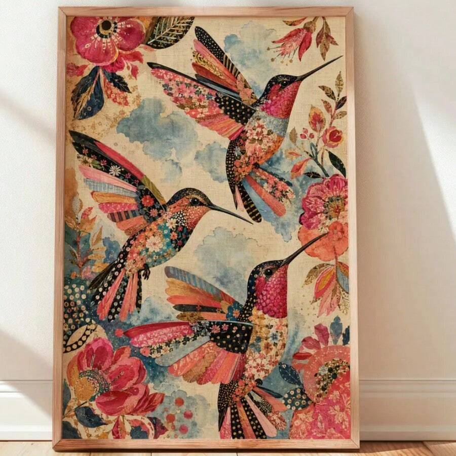 1/PC Hummingbird Flower Mural Printing Poster - Retro Color Bohemian Collage Mural, Elegant And Noble Frameless Decorative Paintings For Modern Living Rooms And Bedrooms - 1PC - View 1
