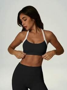 UONNOU 2pcs/Set Women's Spring/Summer Seamless Soft Sports Set, Contrast Trim Halter Backless Sports Bra + High Waist Tummy Control Peach Butt Lifting Shaping Leggings - Black - View 4