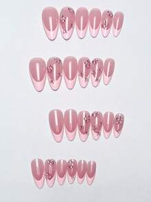 24 piezas de pegatinas de arte de uñas con forma de almendra y borde francés rosa simple, uñas postizas de presión con flores rosas 3D y adornos de strass, ¡ajuste perfecto para hacer que tus dedos brillen! El set de arte de uñas incluye pegamento de gelatina y lima de uñas, adecuado para mujeres y niñas, citas, vacaciones, fiestas y otras ocasiones. - Multicolor - Ver 2