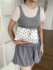 Women's New Black & White Polka Dot Design Personalized Storage Bag, Minimalist Fashion Versatile Clutch For Shopping And Commuting - White - View 5
