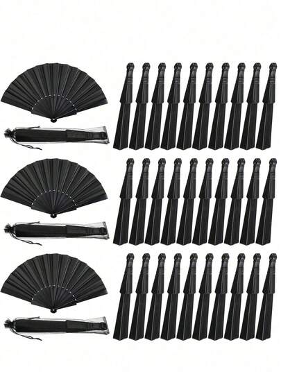 1pc Wedding Hand Fan Gift Set, Black Plastic Folding Handheld Fan With Organza Bag, Suitable For Summer Wedding Guests And Dance Props