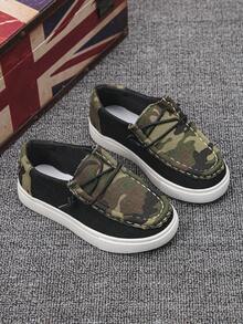 1 Pair All-Season Campus Slip-On Kids' Camouflage Patchwork Breathable Canvas Loafers With Elastic Lace-Free Design, Non-Slip Soft Sole, Lightweight Flat Casual Sports Shoes For School - Black - View 2