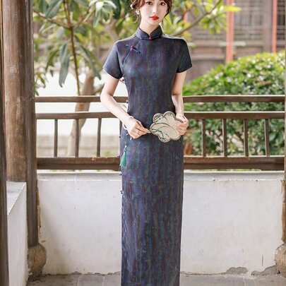 2026 New Chinese Style Improved Cheongsam Women's Short Sleeve Retro National Style Jacquard Long Skirt Daily Elegant Temperament Dress