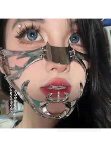 1pc European And American Cyberpunk Metal Mask, Niche Design Asymmetric Fluid Face Shield Face Accessory - Multicolor - View 5