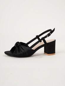 Women Knot Detail Chunky Heeled Slingback Sandals, Glamorous Summer Satin Heeled Sandals,Block Heels - Black - View 11