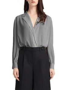 Blusa formal de manga larga con cuello en V y solapa para mujer - Gris,claro - Ver 10