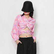 Blusa de Manga Larga con TeñIdo Anudado a la Moda para Mujer, Blusa Elegante con Lazo Sin Espalda y Nudo Torcido - Azul - Ver 2