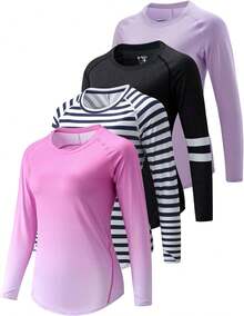 Paquete de 4 camisetas de manga larga para mujer con agujeros para el pulgar, camisetas de entrenamiento atléticas de ajuste seco con cuello redondo - a/Verde Menta/Melocotón Suave/Amarillo Mantequilla - Ver 13
