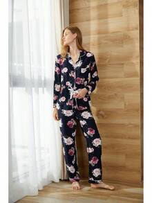Conjunto de Pijama para Mujer con Cuello Recortado, Estampado Floral, Camisa con Botones y Pantalones Largos, Algodón, 2 Piezas, Ropa de Dormir - Gris - Ver 4