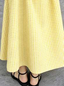 Nouvelle robe longue décontractée d'été pour femmes, robe de mode à carreaux contrastés noir et blanc pour femmes, tenue d'été simple et polyvalente vintage pour femmes, fête - Jaune citron - Voir 4