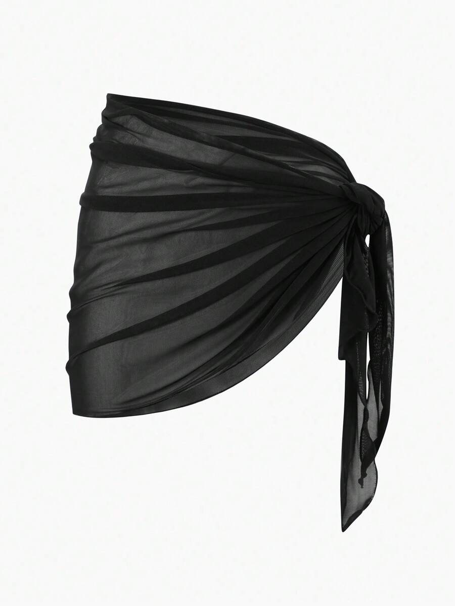 Solid Color Mesh Swim Basics Skirt For Beach And Resort, Ideal For Summer Beach Vacations. XUQA - Black - View 1