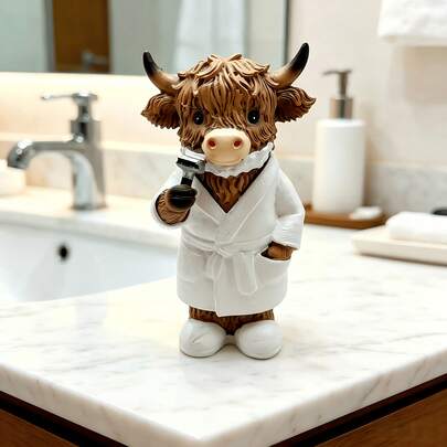 Cross-Border New Cute Bathroom Highland Cow Resin Figurine, Creative Couple Home Decor Cream Style Gift