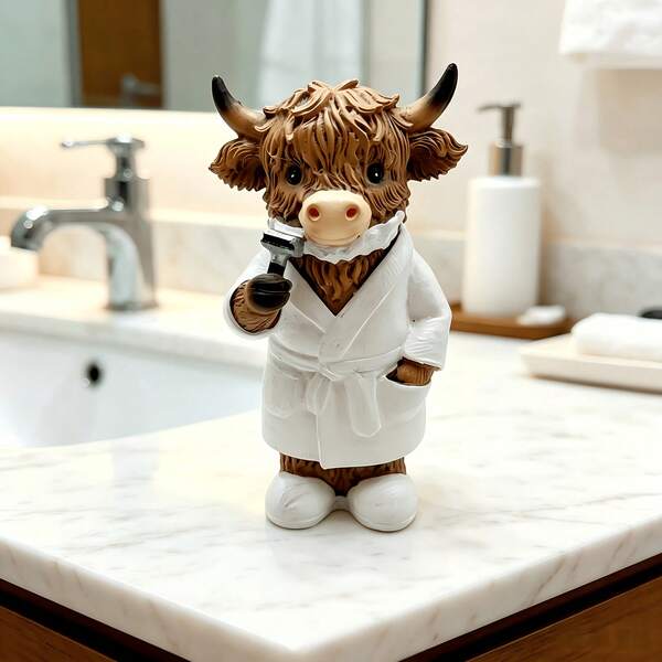 Cross-Border New Cute Bathroom Highland Cow Resin Figurine, Creative Couple Home Decor Cream Style Gift