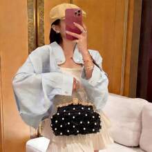 Dedoo 女款晚宴手拿包，花卉頂提手框架手提包，可拆卸斜挎鏈條，浪漫仙氣優雅風格，適合婚禮新娘舞會派對 - 黑色 - 查看 3