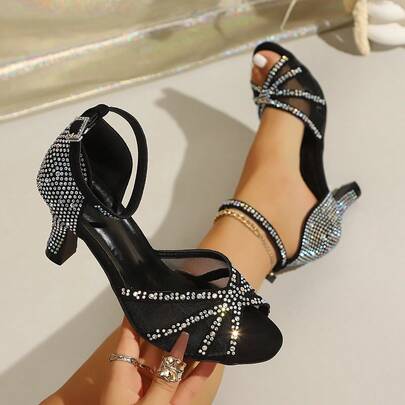 Sandalias de mujer con una tira decoradas con strass, suela antideslizante, estilo glamuroso de verano con tela de malla y tacón alto, adecuadas para uso al aire libre, uso diario, fiesta de noche, baile, fiesta de cumpleaños, boda