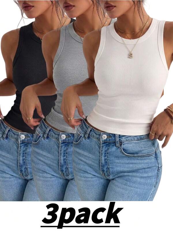 3 piezas/Set Tops casuales de mujer con cuello redondo acanalado, espalda descubierta y ajuste ceñido para salidas, tops deportivos de fitness de verano