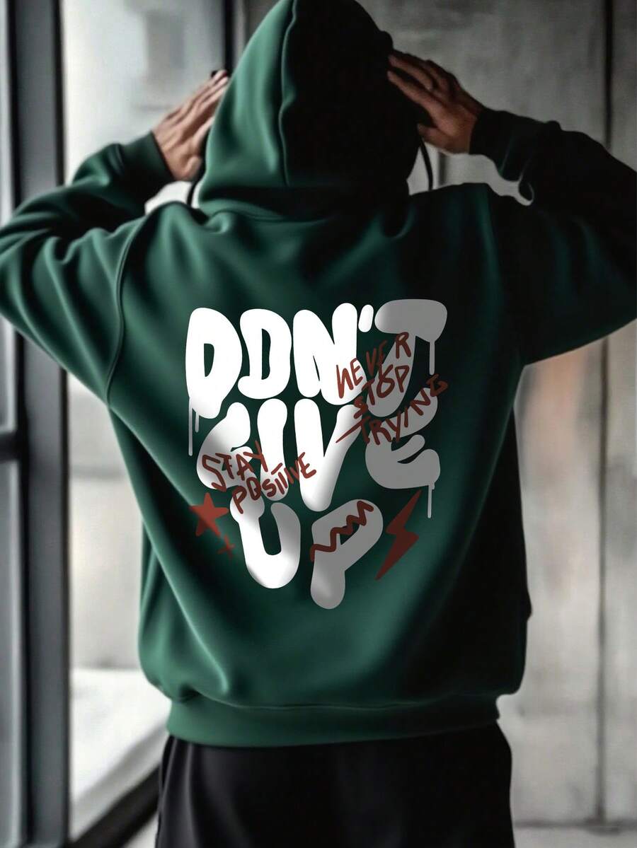 男士秋冬休閒時尚「Don't Give Up」標語印花袋鼠口袋抽繩連帽抓絨衛衣 - 綠色 - 查看 1