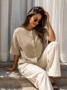 Women's Casual Vacation Fashion Versatile Solid Color Loose Round Neck Short Sleeve Button Cardigan Sweater, Suitable For Spring And Autumn - Camel - View 3