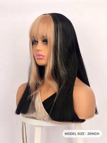 20 Inch Dual-Tone Black & Gold Straight Wig With Bangs, Synthetic Fiber Black & Gold Wavy Bangs Wig, Suitable For Women's Daily Wear, Party, Cosplay, Halloween - Multicolor - View 5