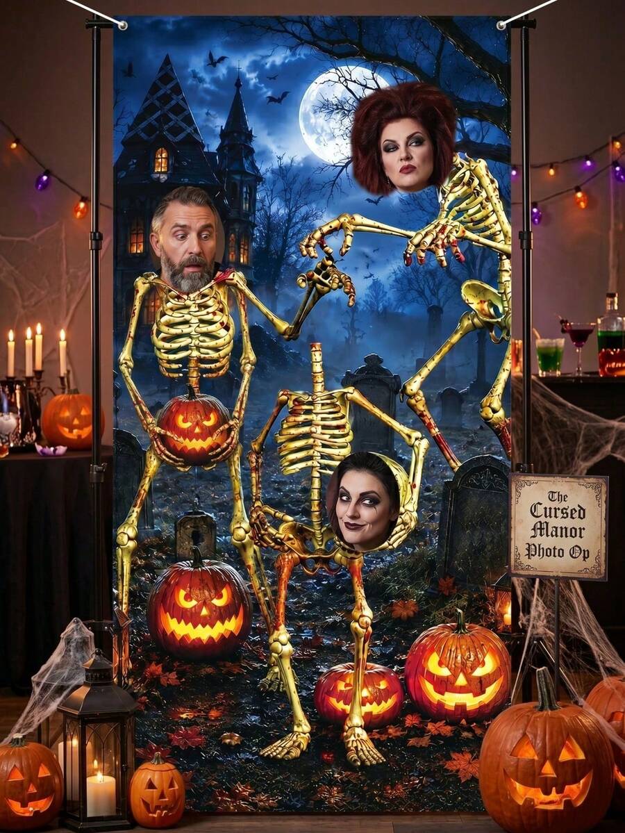 1pc Halloween Photo Booth Backdrop Banner With Skeleton And Pumpkin Design Hollow Photo Props, Photo Backdrop Cloth, Halloween Decoration, Halloween Party Decor, Trick Or Treat Decoration, Happy Halloween Decoration, Halloween Outdoor Decor - Multicolor - View 1