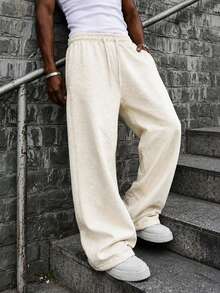 Men's Street Knit Textured Sweatpants, Loose Wide Leg Casual Sports Pants, American Street Style Casual Pants, Suitable For Daily Wear - Beige - View 2