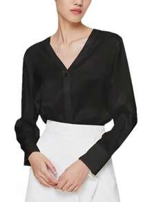 Blusa de manga larga brillante con cuello en V profundo para mujer - Rojo vino - Ver 13