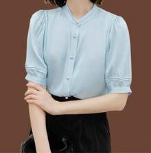 Blusa de manga corta con cuello alto y seda para mujer con pliegues y botones para oficina - Negro - - Ver 2