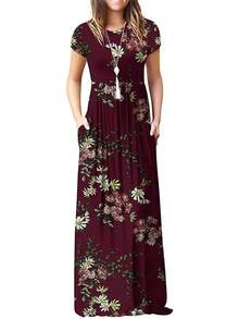 Maxi Vestido Largo de Manga Corta para Mujer con Bolsillos - flor azul marino - Ver 1